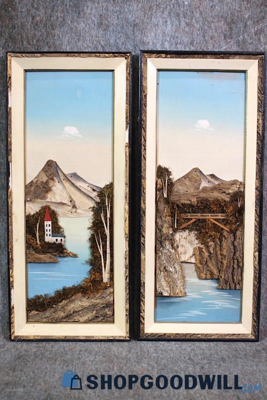 2 Framed VTG Ucagco Japan Mid-Century Painted Art Scene w/Appears Moss+Bark Art