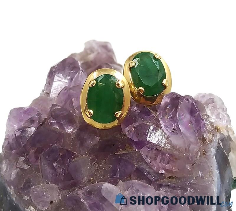 14K Yellow Gold Oval Emerald Earrings 1.25 Grams 