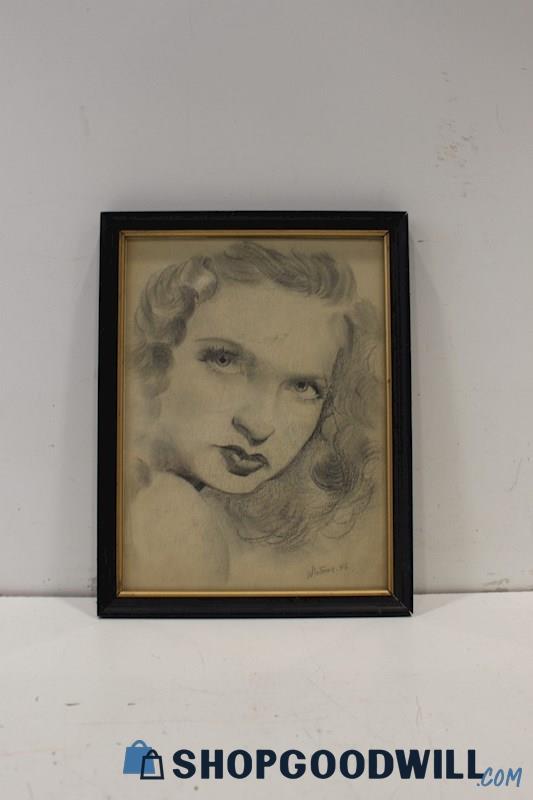 Framed Vintage Pencil Portrait Drawing of a Woman from 1946 Signed by Whitmer 