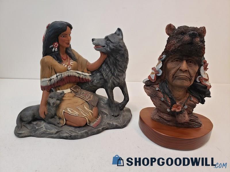 Native American Indian Bust figurine. Warrior W/ Bear Headdress & Woman Wolf 