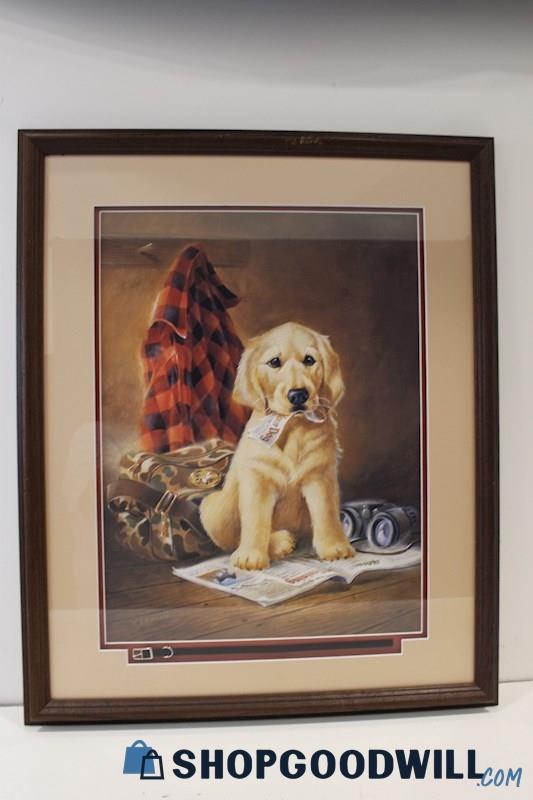 'Hungry for Learning' Framed Puppy Print Signed by LR Kaatz w/Puppy Collar PU