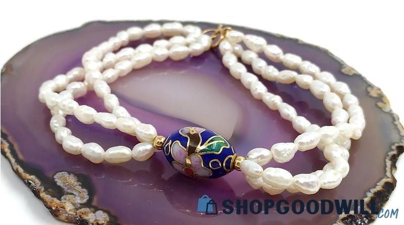 14K Yellow Gold Clasp On Cultured Pearls & Cloisonne Bead Bracelet 