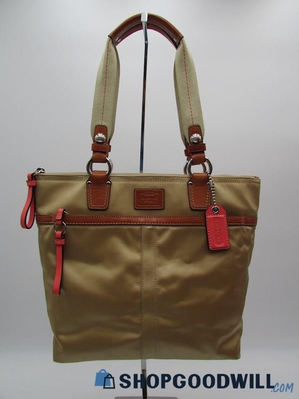 Coach Hampton Gold/Coral Sateen/Leather Tote Handbag Purse