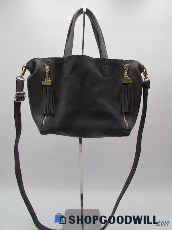 Inzi Grey Faux Suede/Leather Convertible Tote/Crossbody Handbag Purse