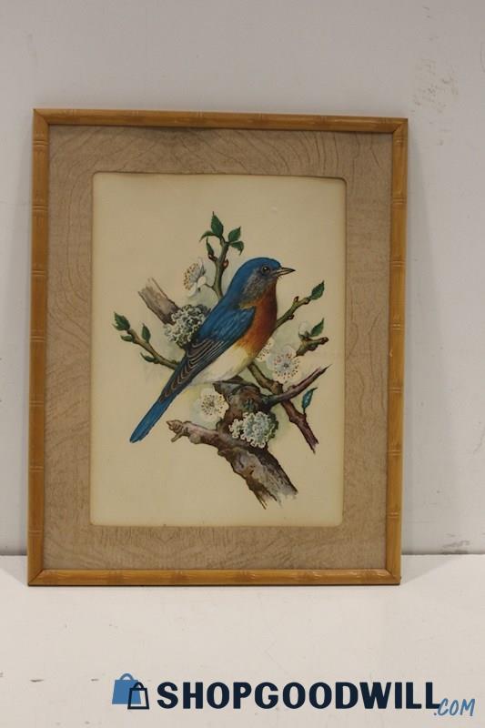 Bamboo Framed & Matted Vintage Blue Bird Print by PH Gonner- Unsigned