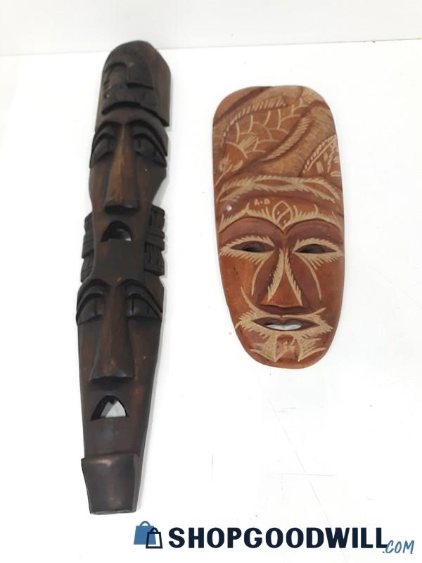 2 Traditional Tribal African / Indonesian Long Wood Carved Face Masks
