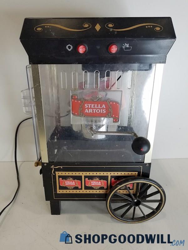 Used Stella Artois tabletop Popcorn Maker Machine, Black W/ Wheels Vtg 