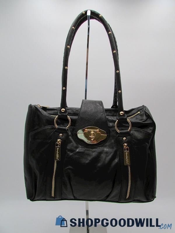 Rough Roses Black Leather w/ Gold Studs Shoulder Handbag Purse