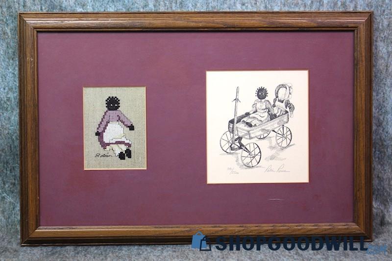 Framed Old-Fashioned Doll & Wagon Print Signed Robin Rowe 341/2500 Art Decor