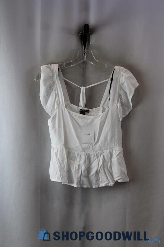 NWT Forever 21 Women's White Ribbed Flowy Crop Tank SZ S