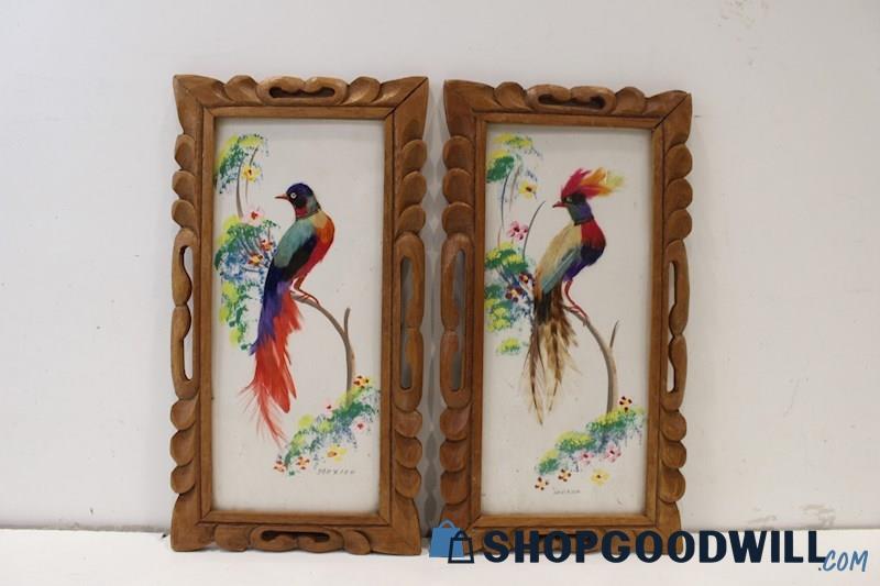 Pair Hand Carved Frame Vintage Feathercraft Bird Art Made Mexico; Dist=Bohemia