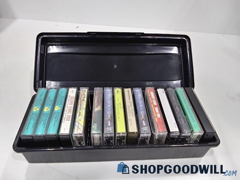Lot Of 15 Vintage Cassette Tapes W/ Black Storage Box Entertainment Music Songs 