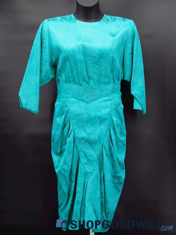 VTG Tina Barrie Women's Turquoise Satin Botanical Patterned Belt Dress Size 10