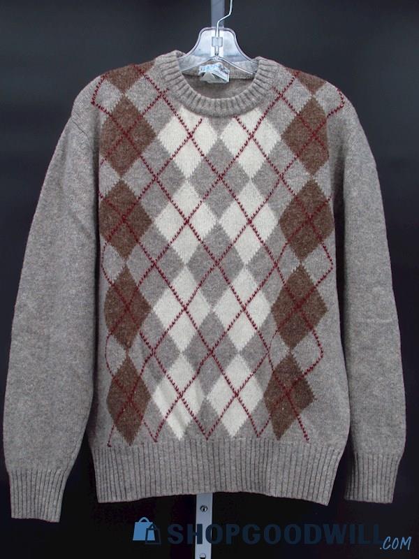 Vintage 70s Due SS Maglierie Women's Tan Shetland Wool Argyle Sweater Size L