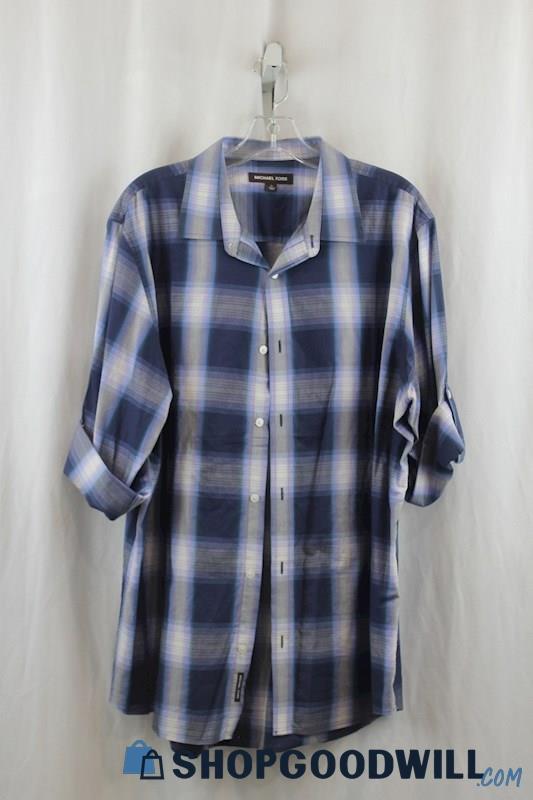 Michael Kors Mens Blue/Gray Plaid Dress Shirt Sz XL