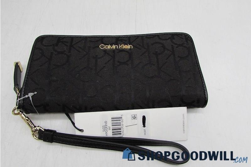 Calvin Klein Black Canvas Monogram Wristlet Handbag Purse 