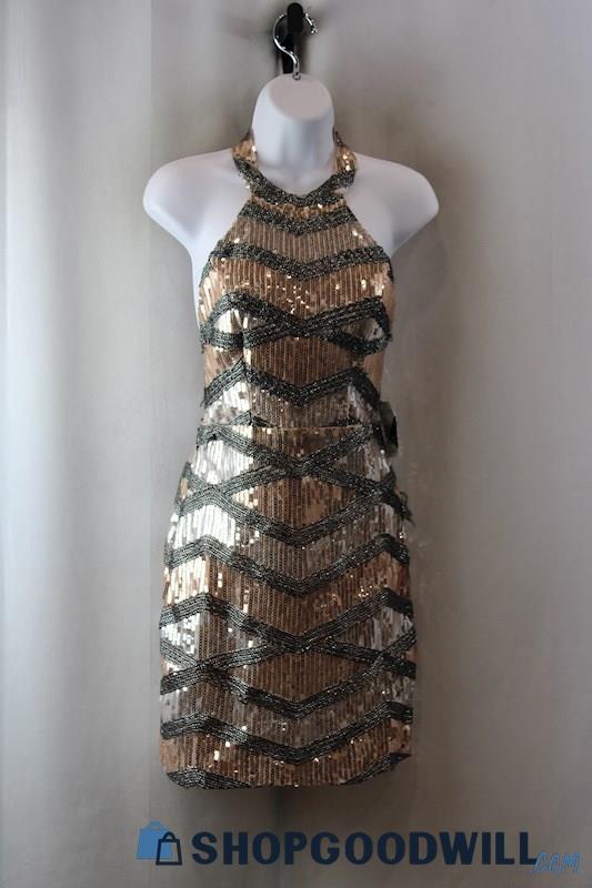 NWT City Triangles Women's Beige/Gray Sequin Embellished Halter Dress sz 3