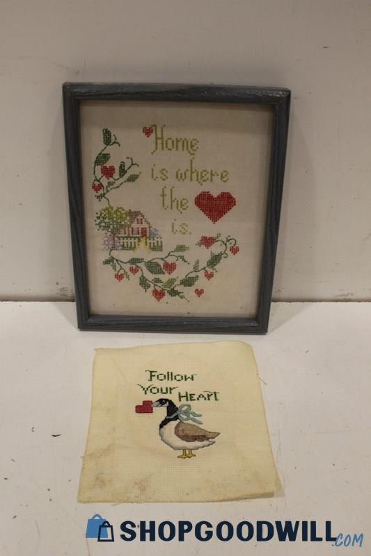 2 Completed Cross Stitch Patterns; 1 Framed (Home is..+), 1 NonFramed (Follow +)