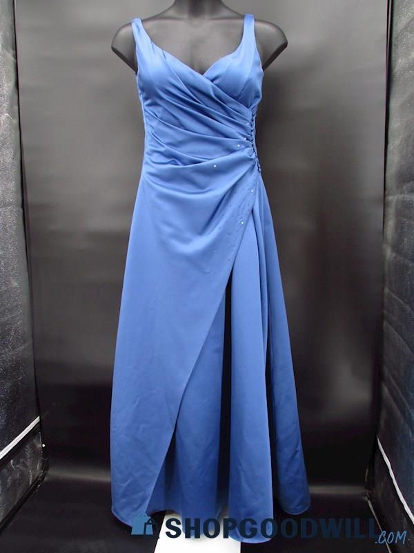 Alfred Angelo Women's Cornflower Blue Satin V-Neck A-Line Formal Gown Custom