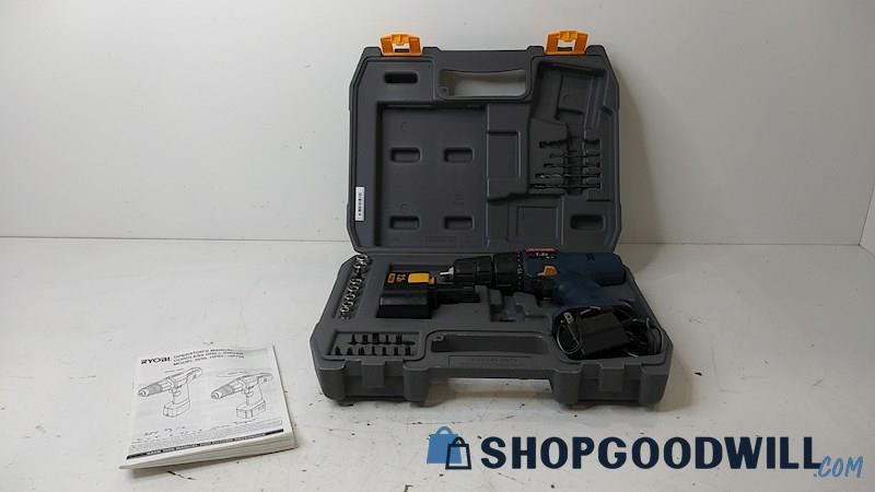 5.8lbs Ryobi Cordless Drill/Driver HP722 Case Screws Charger Battery+ (Untested)