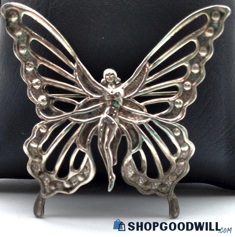 .925 Vintage Fairy Engraved Butterfly Brooch 15.23 grams