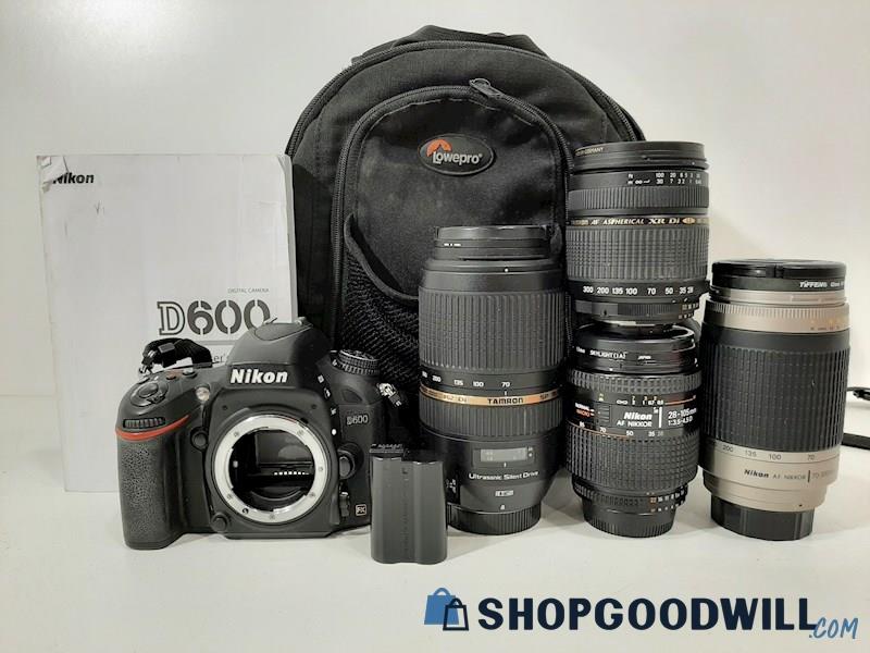 Nikon D600 DSLR Camera w/Nikon 70-300mm 28-105mm & Tamron 70-300mm 28-300mm Lens