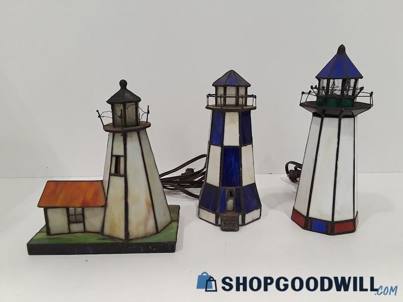 Lot Of 3pc Stained Glass Lighthouse Lamps Deco 