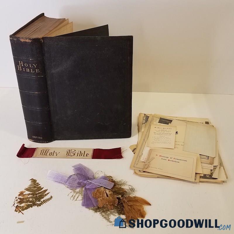 Antique 1884 Holy Bible HC Oxford KJV w/Ephemera/Genealogy/Pressings