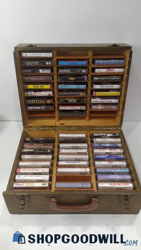 Vintage Wooden Storage Case + Cassette Tapes Janet Jackson Madonna George Strait