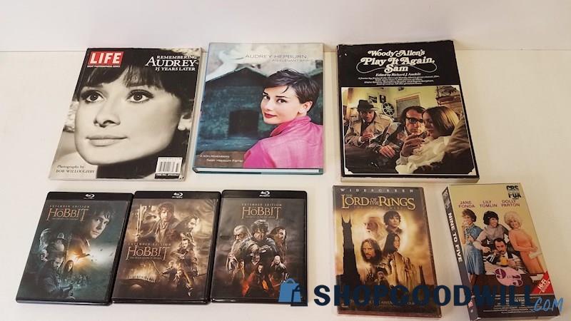 Vtg 1977-2015 Movies HC/SC/Mag VHS DVDs Audrey Hepburn Woody Allen Tolkien 9-5
