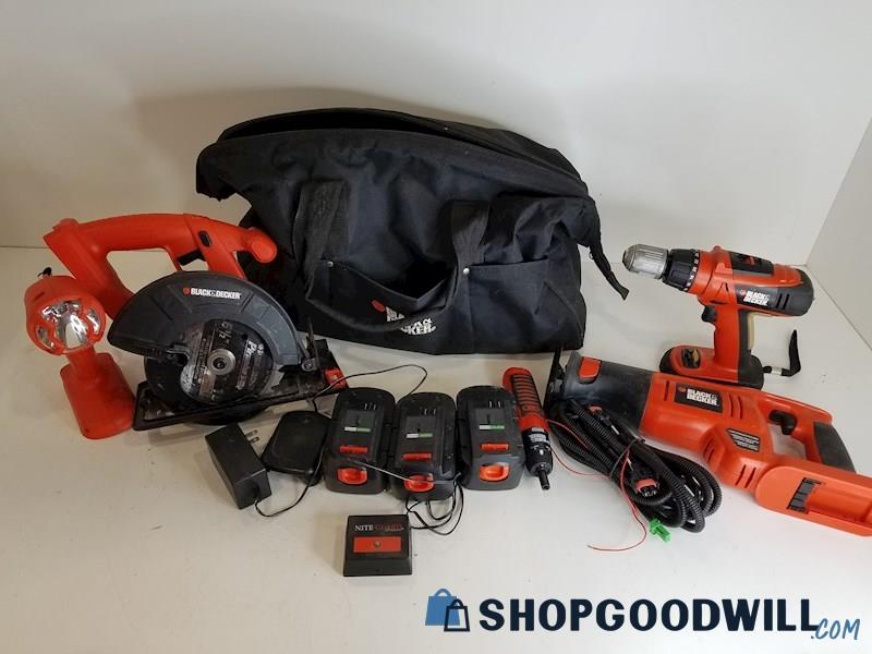 Black & Decker Power Tool Set W/ Bag, Drill, Saw, Flashlight, Battery, Charger