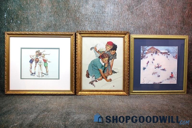 3 Framed Normal Rockwell Children Sports Winter+ Print NOT Hand Signed Art Decor