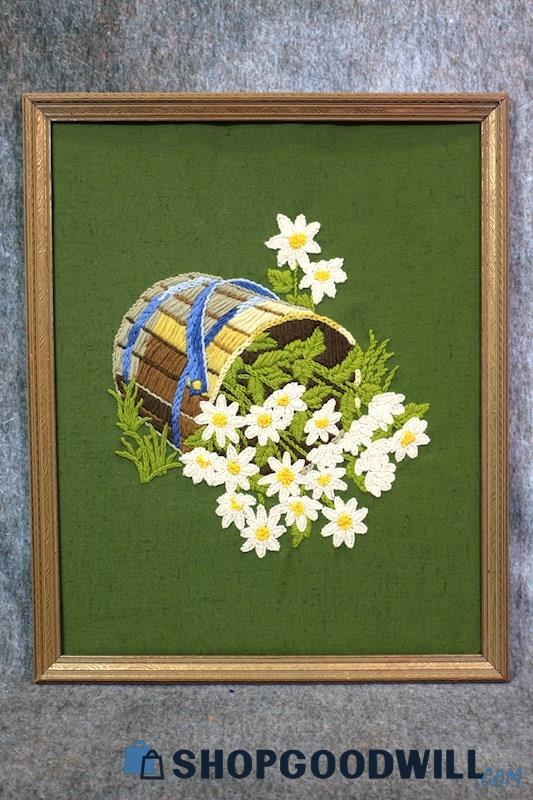 Framed Unbranded Bucket of Daisies Flower Crewel Needlepoint Art Unsigned Decor