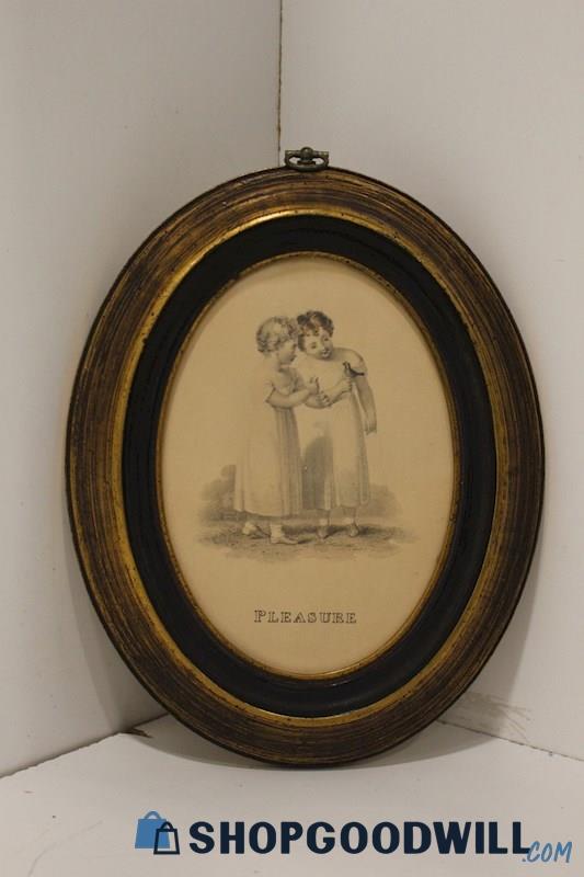 Framed Vintage Art Print 'Pleasure-2 Friends w/Bird Perched on Finger' Unsigned 
