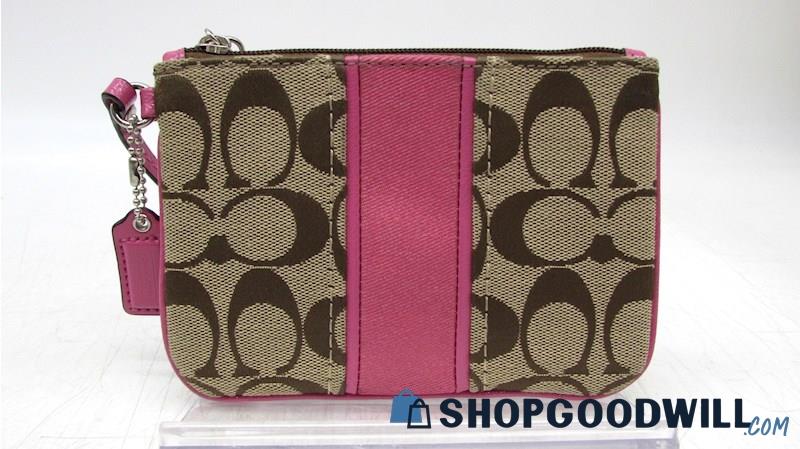 Coach Signature Stripe Khaki Pink Jacquard Canvas Top Zip Wristlet Handbag Purse