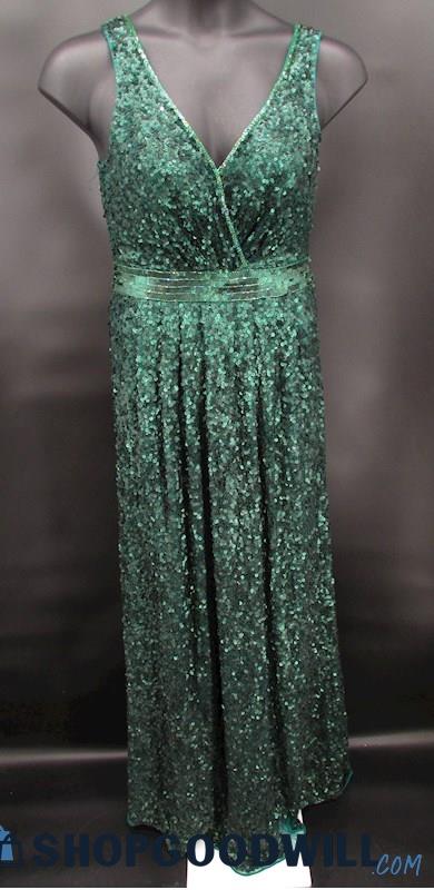 Primavera Women's Green Sequin & Beaded Trim V Neck Formal Gown SZ 12