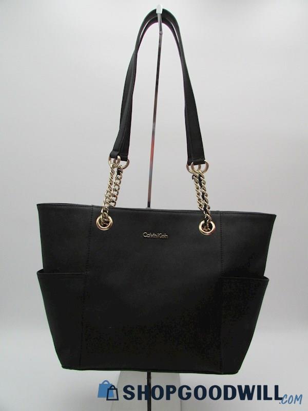 Calvin Klein Black Faux Leather Chain Tote Handbag Purse