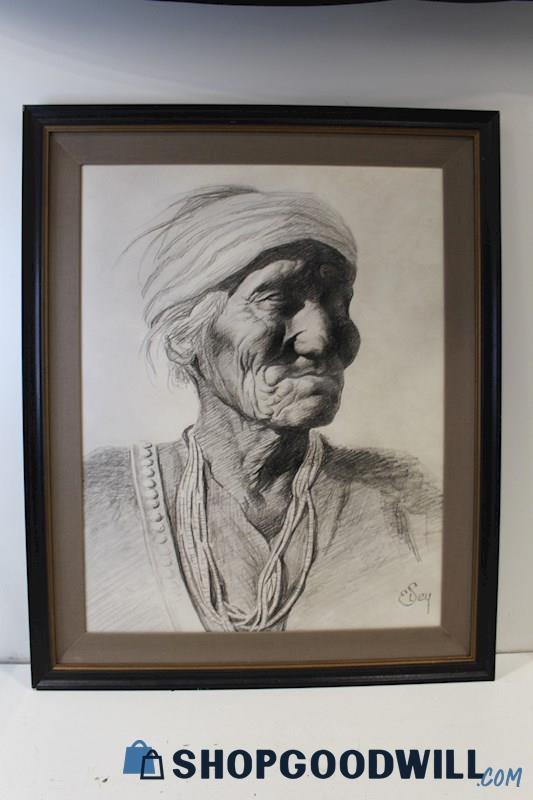 No Glass-Framed EL Sey Unsigned Drawing Print on Canvas 'Elderly Woman'