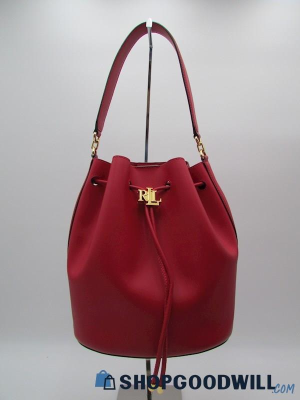 Lauren Ralph Lauren Andie Red Leather Drawstring Bucket Tote Handbag Purse