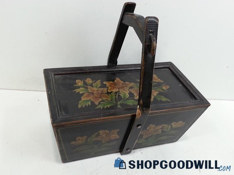 Antique Hand Painted Floral Wooden Box W/Wooden Handle/Lid 
