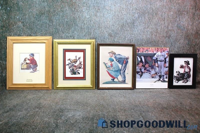 5 Framed Norman Rockwell Child Sports Dog Paint+ Print NOT Hand Signed Art Decor