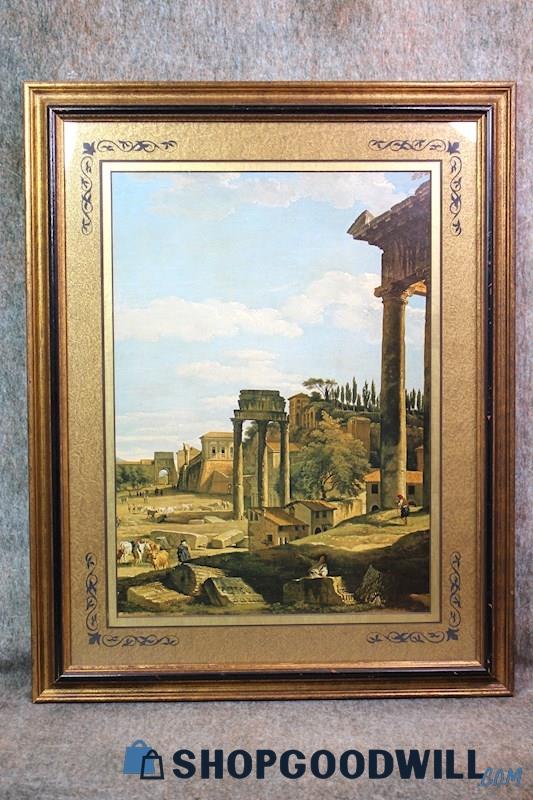 Framed Enriched Hand Colored Art Gravure of the Roman Forum Print Unsigned Art