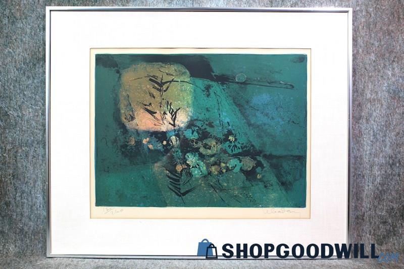Framed Original Abstract Green-Blue Plant Water Print Sign Hoi Lebadang 130/260