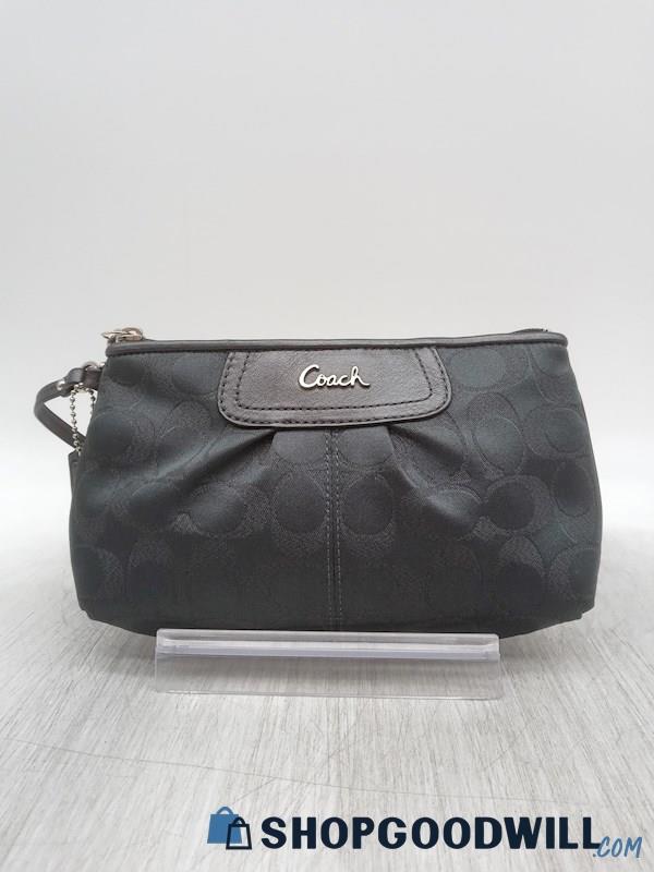 Coach Signature Dark Grey Pleated Jacquard Canvas Wristlet Clutch Handbag Purse