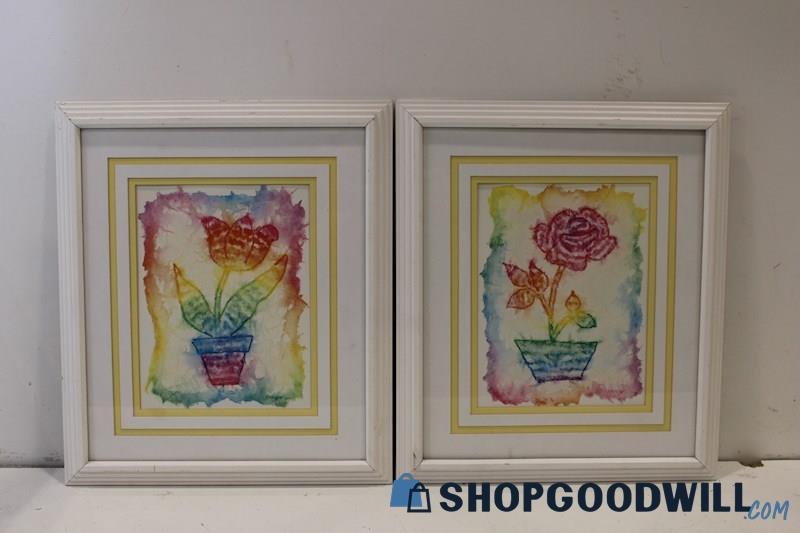 Pair Framed Watercolor Prints Unsigned by Evelyn 'Rainbow Potted Flowers'