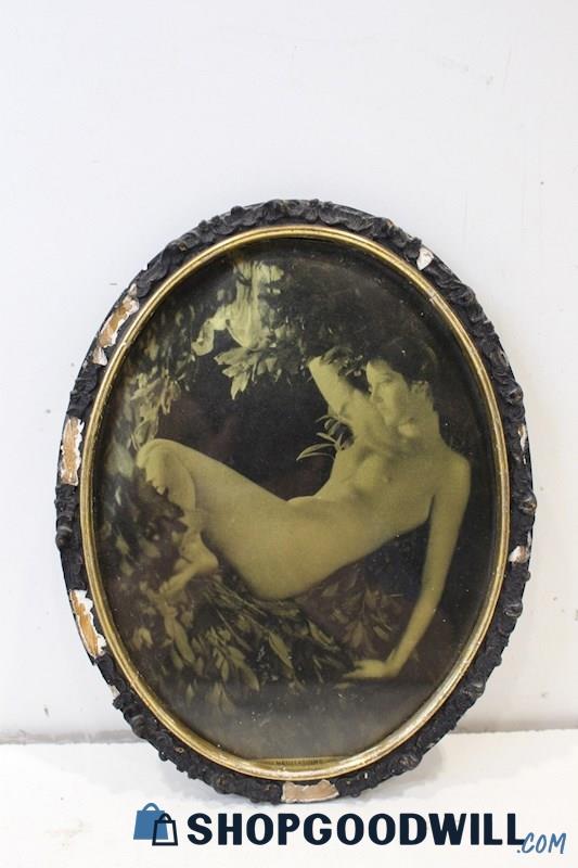 Wood Carved Oval Framed Vtg Golden Colored Foil Art Print by Unknown Meditations