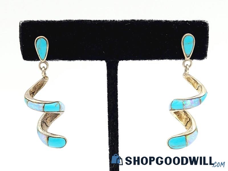 .925 Opal & Turquoise Inlay Swirl Dangle Earrings 6.40 Grams