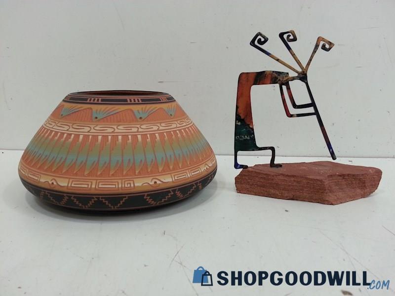 Navajo Hand Thrown/Painted/Carved Pot Signed & Kokopelli Flute Fertility Figure