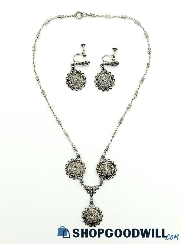 .925 Marcasite Flower Necklace & Earring 16.48 Grams