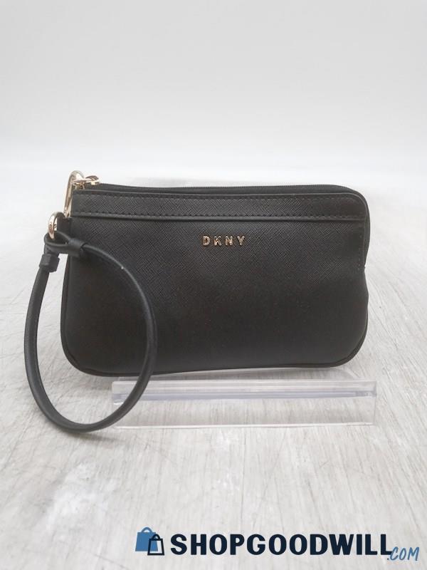 DKNY Black Faux Crosshatched Leather Wristlet Handbag Purse 